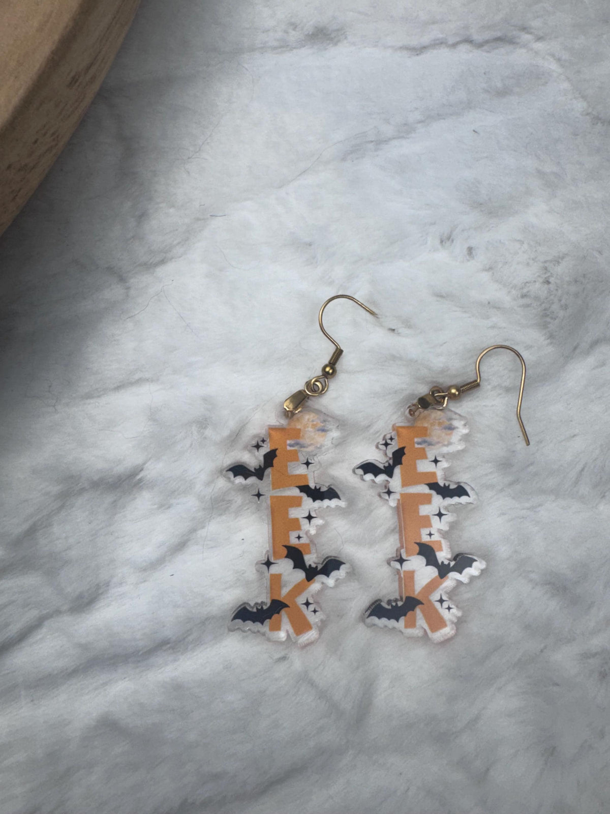 EEK Halloween Earrings, Clear Acrylic Bat Dangles, Spooky Season Jewelry