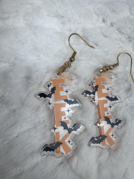 EEK Halloween Earrings, Clear Acrylic Bat Dangles, Spooky Season Jewelry