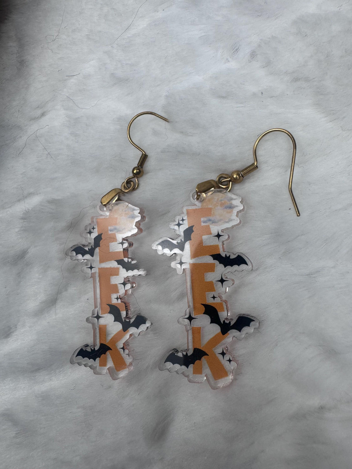 EEK Halloween Earrings, Clear Acrylic Bat Dangles, Spooky Season Jewelry