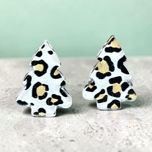 Leopard Print Christmas Tree Stud Earrings, Mini Holiday Jewelry, Festive Animal Print Accessories
