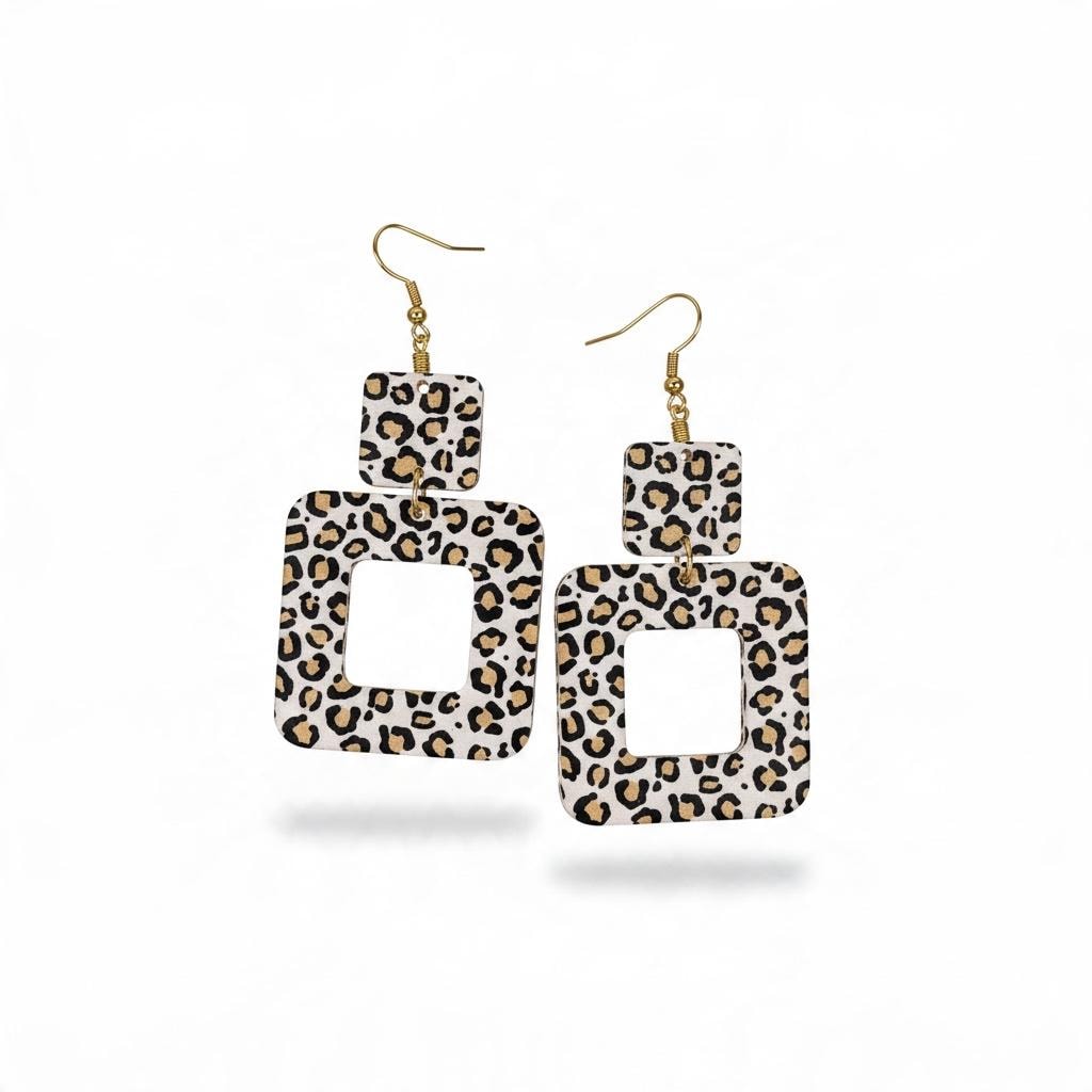 Leopard Print Geometric Dangle Earrings, Statement Square Jewelry, Animal Print Accessories