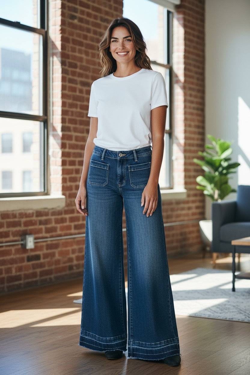Judy Blue Wide Leg High Rise Denim Jeans with Front Patch Pockets