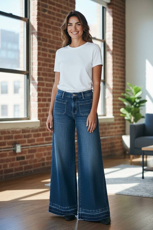 Judy Blue Wide Leg High Rise Denim Jeans with Front Patch Pockets