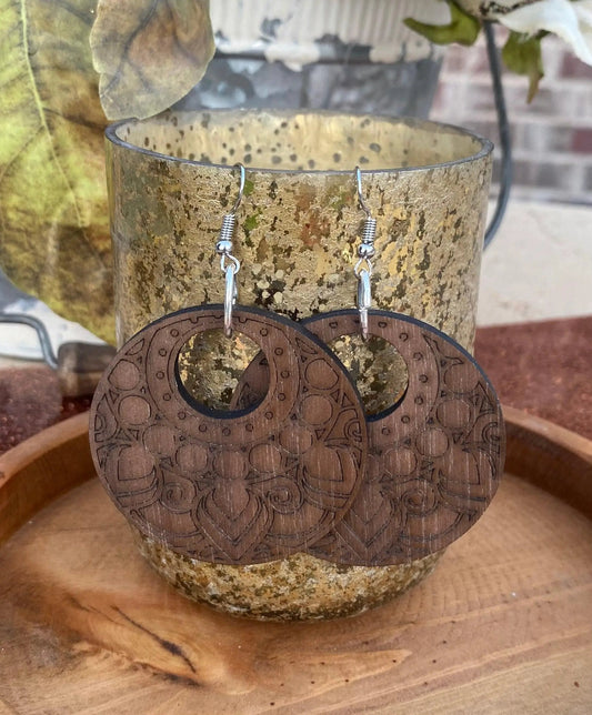 Laser Cut Round Walnut Earrings - The Swanky Bee