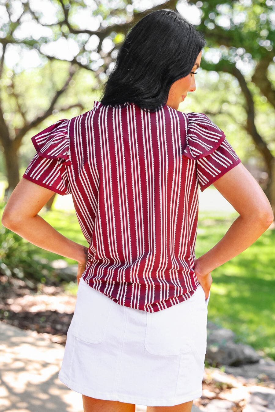 Layla Striped Flutter Sleeve Blouse- Maroon