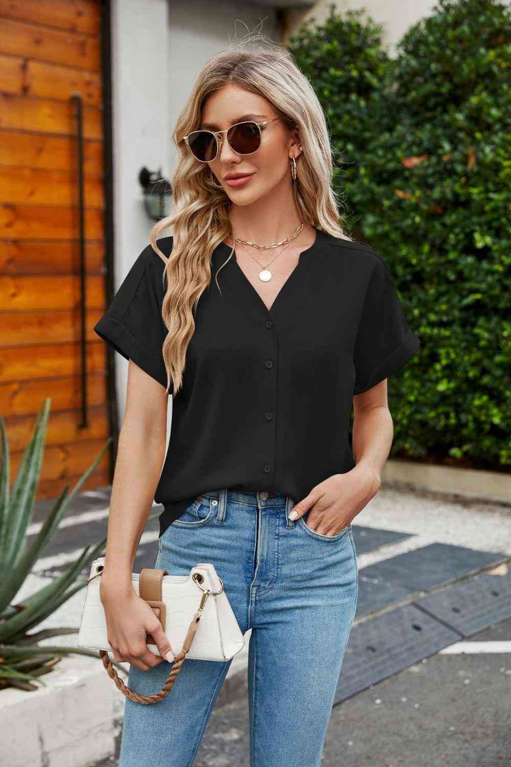 Notched Neck Cuffed Sleeve Shirt - The Swanky Bee