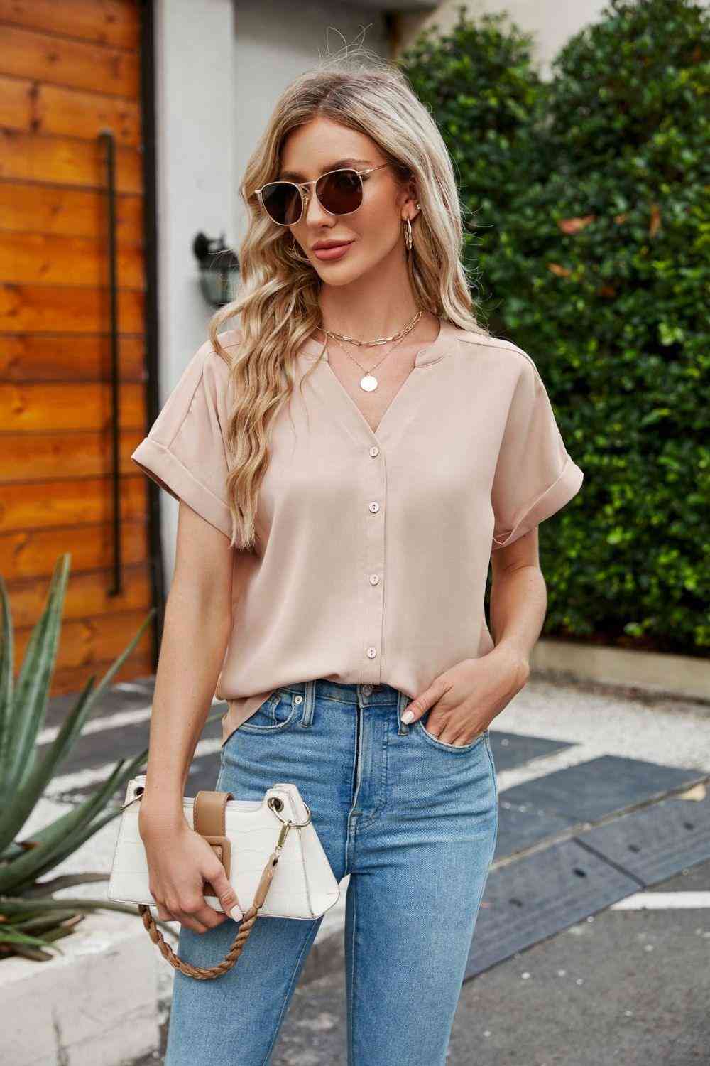 Notched Neck Cuffed Sleeve Shirt - The Swanky Bee