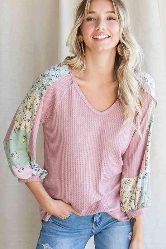 Pink Waffle Knit with 3/4 Floral Sleeve - The Swanky Bee