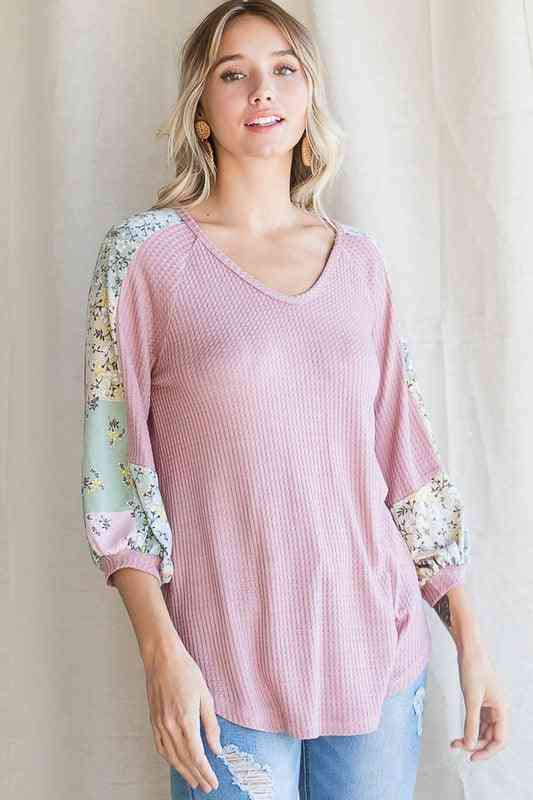 Pink Waffle Knit with 3/4 Floral Sleeve - The Swanky Bee