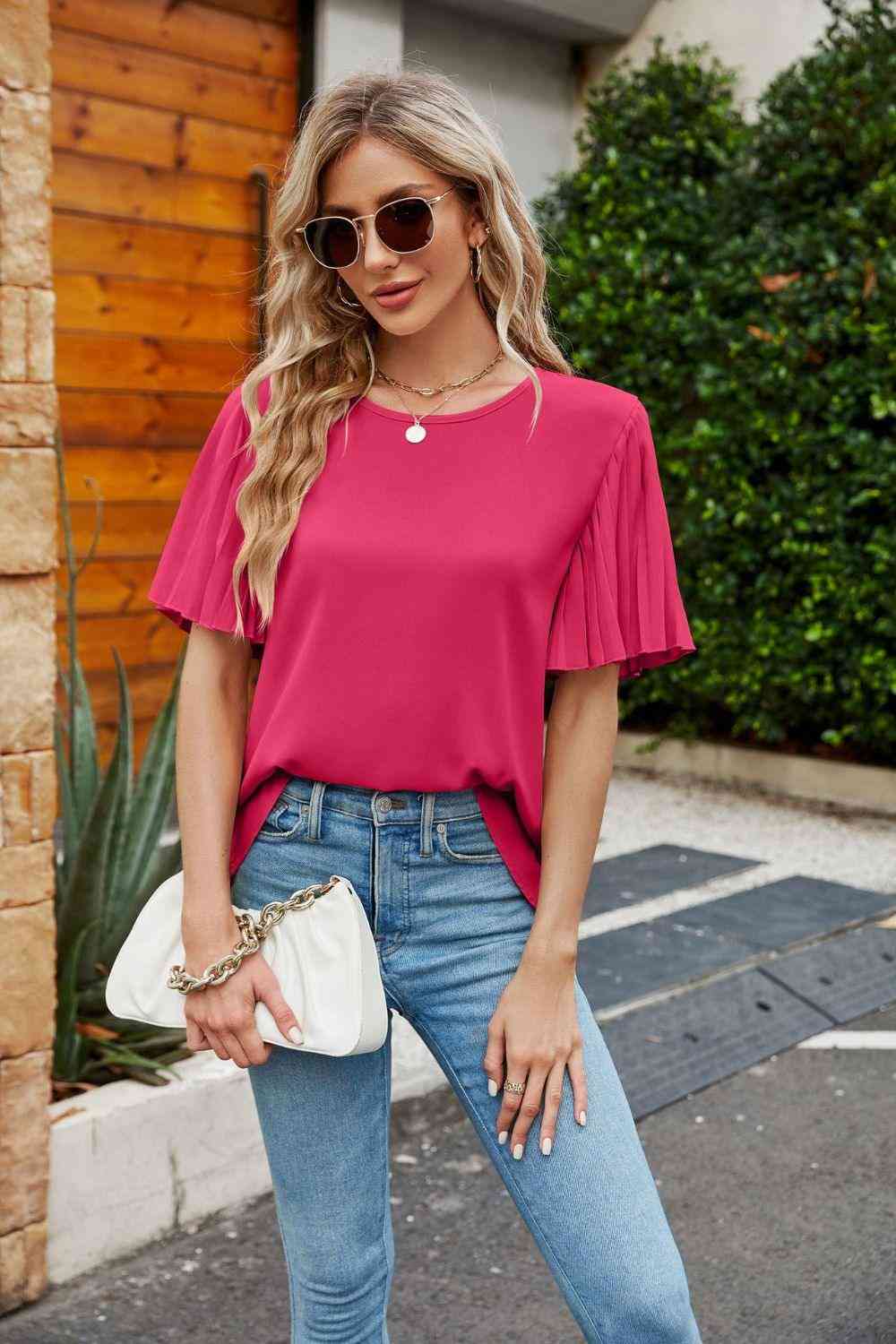 Pleated Flutter Sleeve Round Neck Blouse - The Swanky Bee