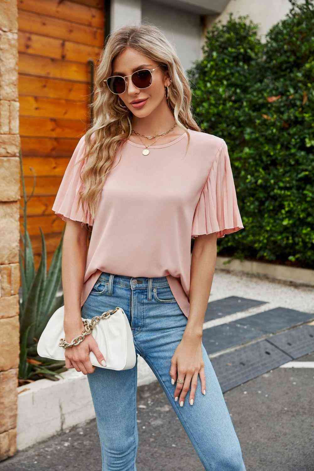 Pleated Flutter Sleeve Round Neck Blouse - The Swanky Bee