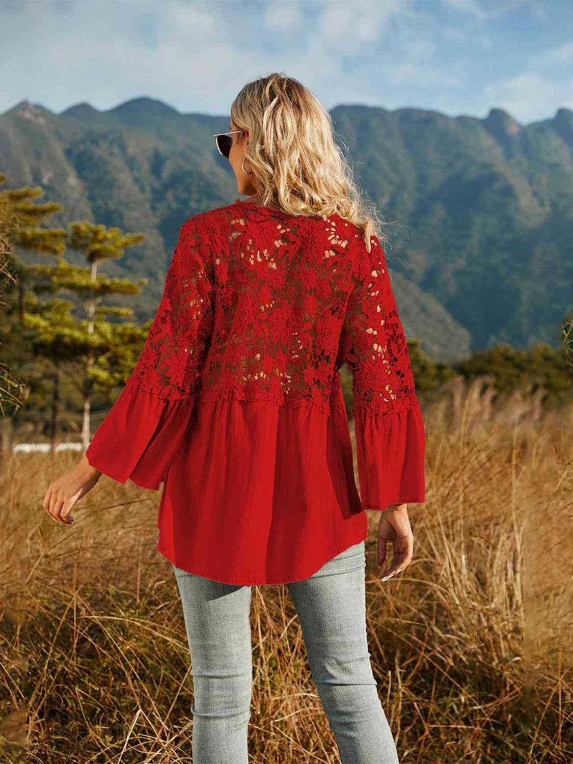 Spliced Lace Buttoned Blouse - The Swanky Bee