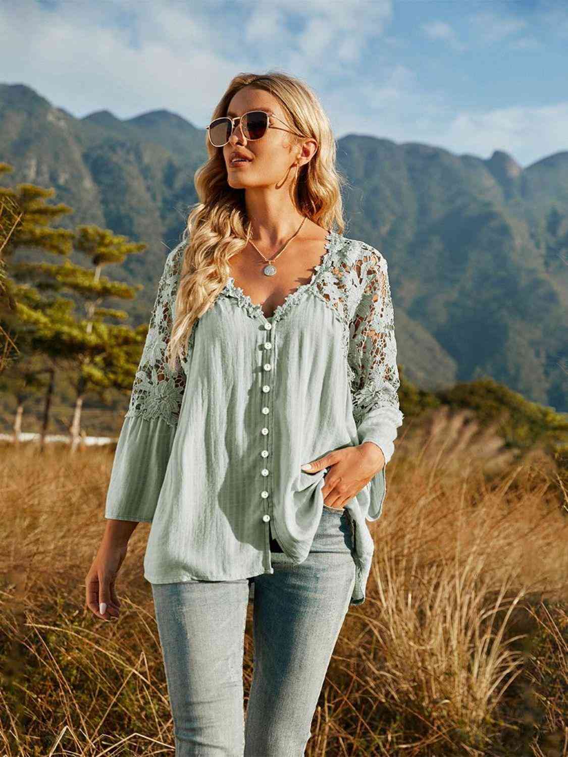 Spliced Lace Buttoned Blouse - The Swanky Bee
