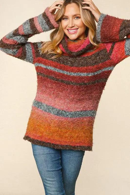 Striped Cowl Neck Sweater - The Swanky Bee