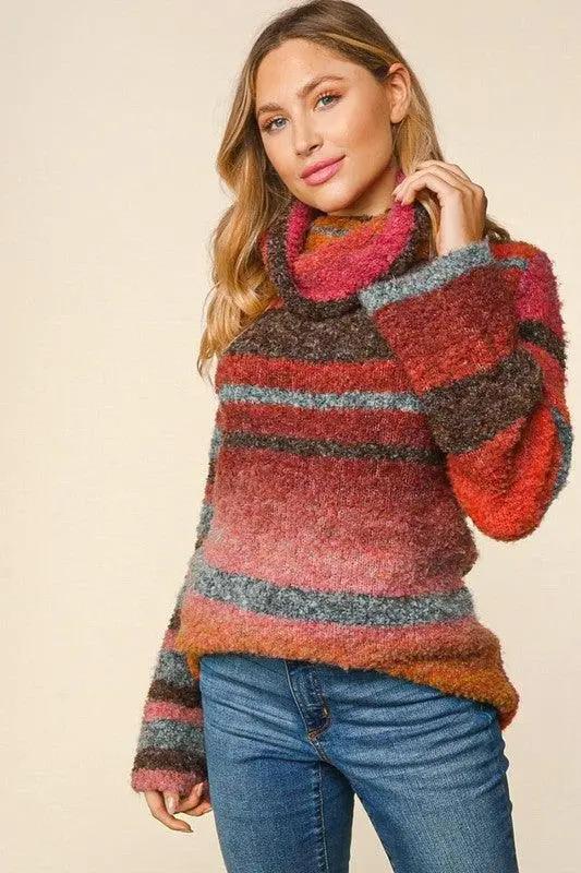Striped Cowl Neck Sweater - The Swanky Bee