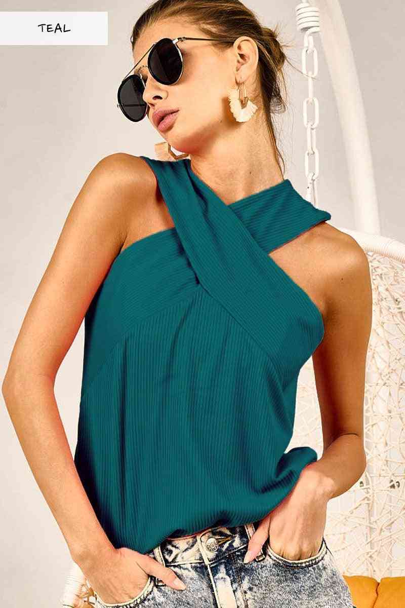Teal Rib Knit Cross Neck Banded Top - The Swanky Bee