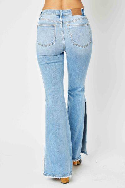 Judy Blue Full Size Mid Rise Raw Hem Slit Flare Jeans - Trendy Denim Flares - Edgy Slit Detail - Everyday Fashion Jeans - Plus Size Available