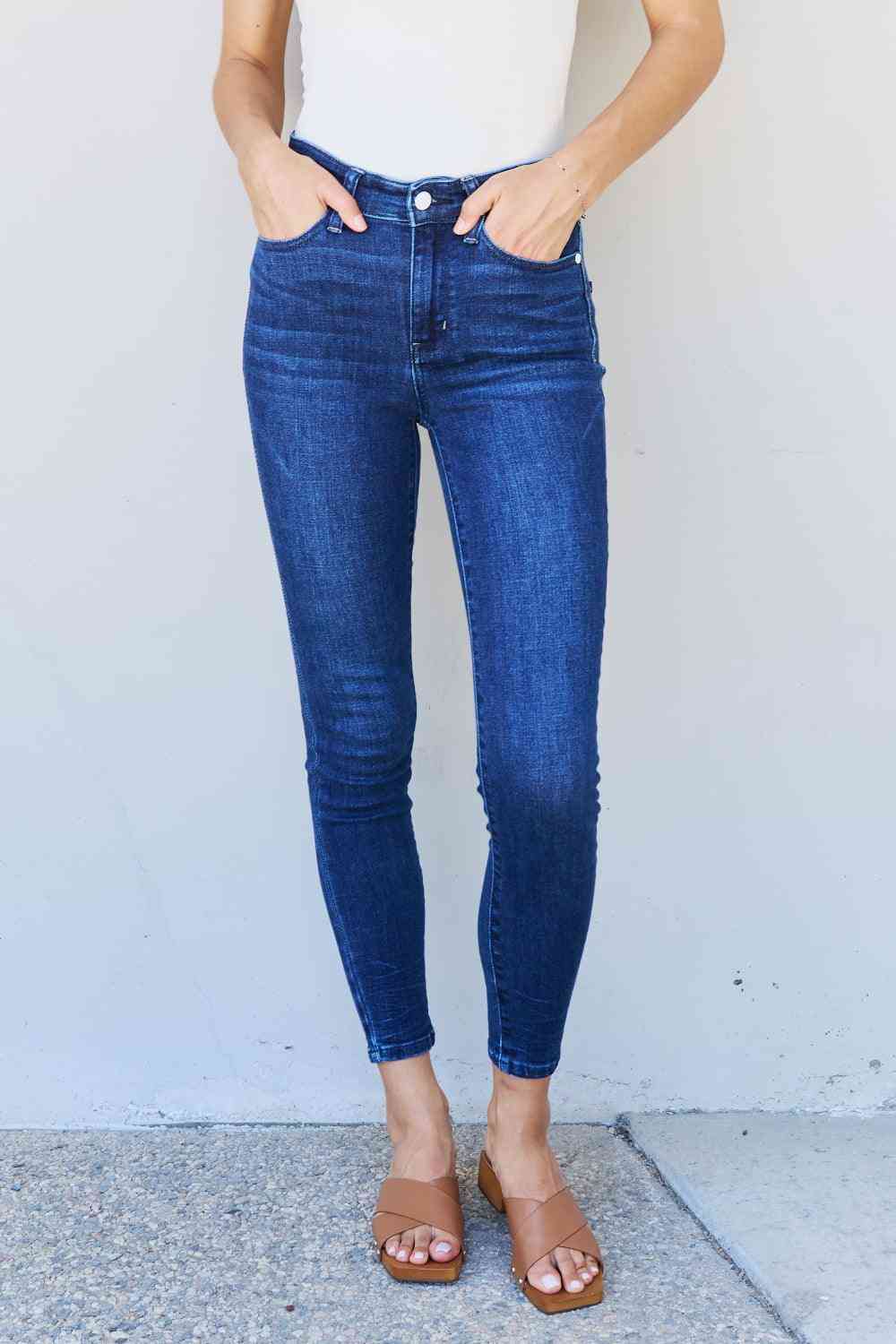 Judy Blue Marie Full Size Mid Rise Crinkle Ankle Detail Skinny Jeans - The Swanky Bee