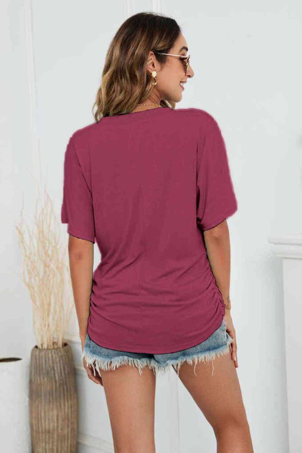 V-Neck Side Ruched Tee - The Swanky Bee
