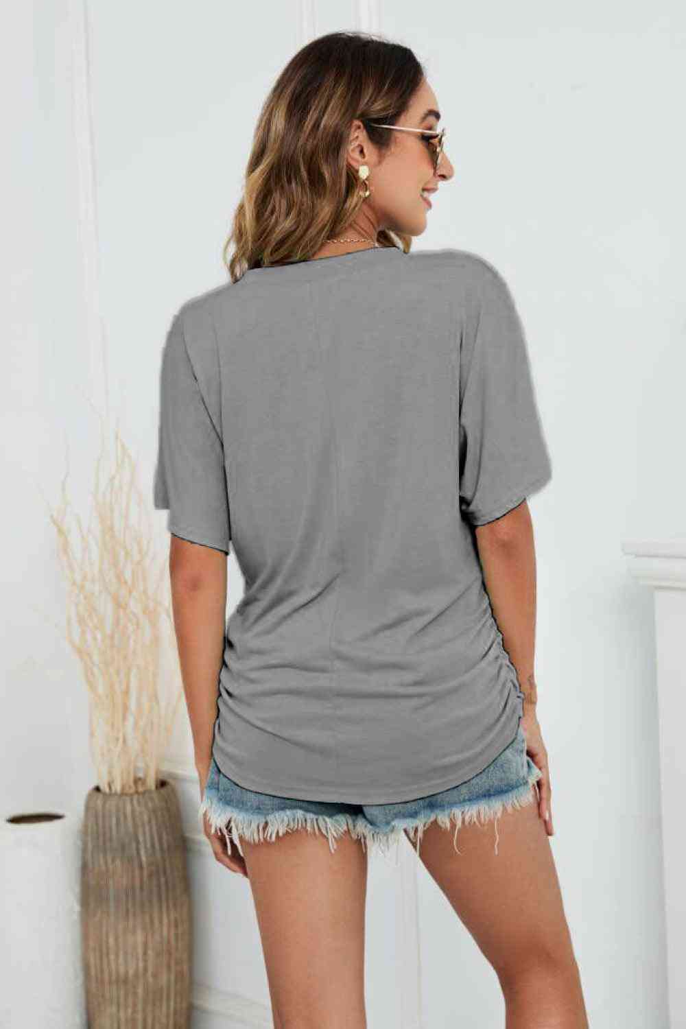 V-Neck Side Ruched Tee - The Swanky Bee